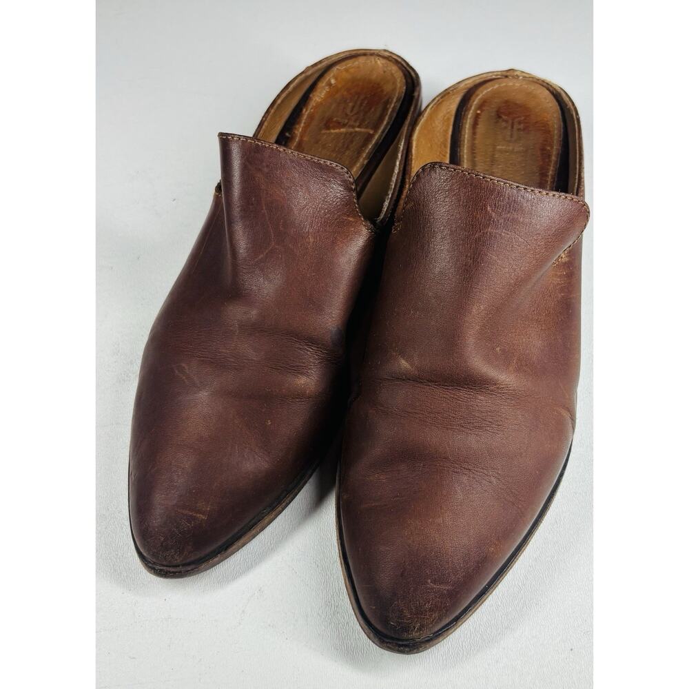 Frye Ray Mule Womens 9.5 Cognac Brown Leather Pointed Toe Slip On Heels Clogs